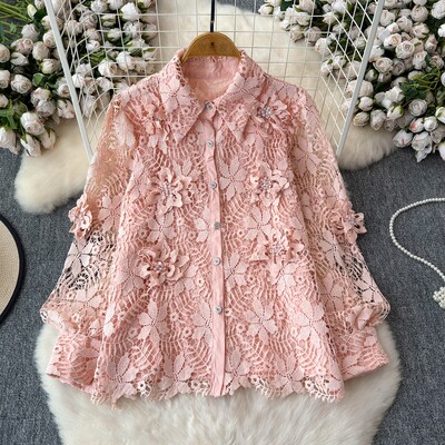 Francia blúz női horgolt, kivágott, virágos női felsők Mujer lehajtható gallér hosszú ujjú, egysoros blusas dropship