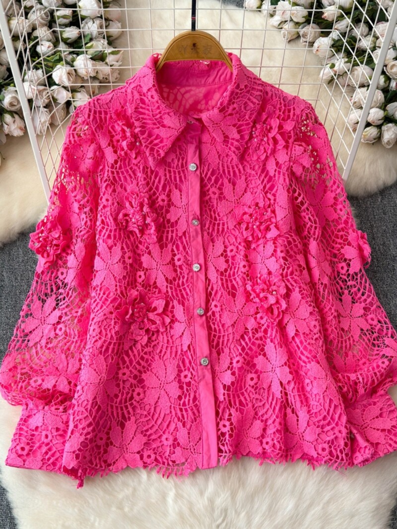 Francia blúz női horgolt, kivágott, virágos női felsők Mujer lehajtható gallér hosszú ujjú, egysoros blusas dropship