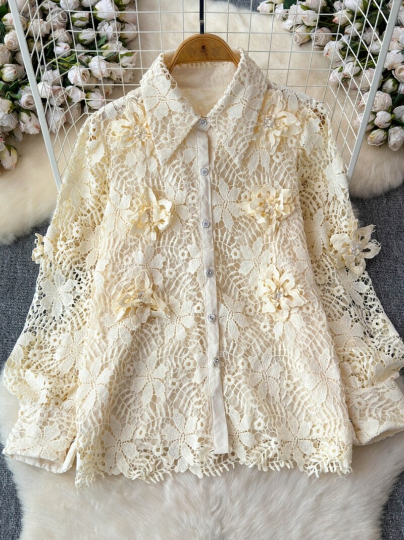Francia blúz női horgolt, kivágott, virágos női felsők Mujer lehajtható gallér hosszú ujjú, egysoros blusas dropship