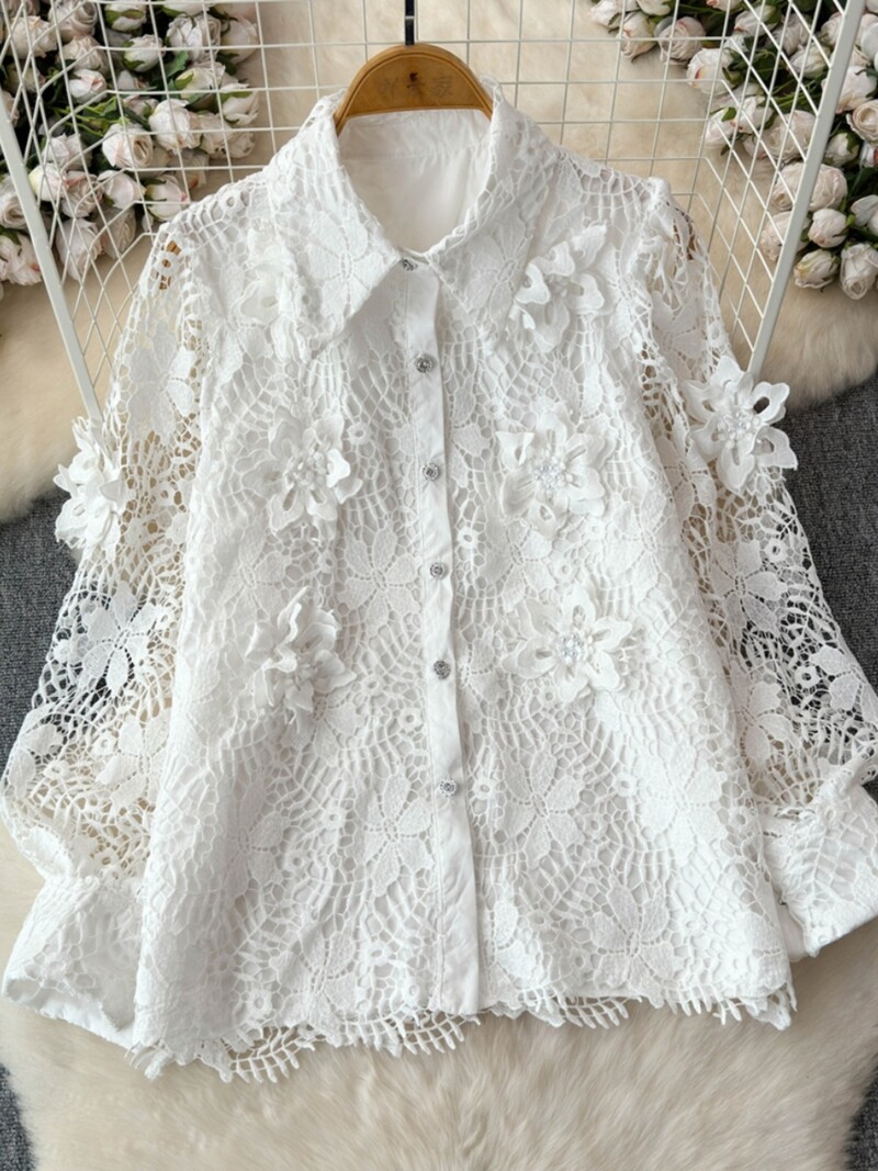 Francia blúz női horgolt, kivágott, virágos női felsők Mujer lehajtható gallér hosszú ujjú, egysoros blusas dropship