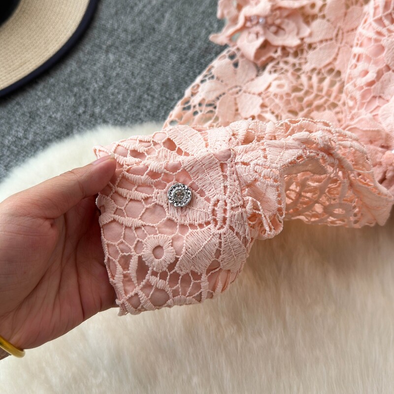 Francia blúz női horgolt, kivágott, virágos női felsők Mujer lehajtható gallér hosszú ujjú, egysoros blusas dropship