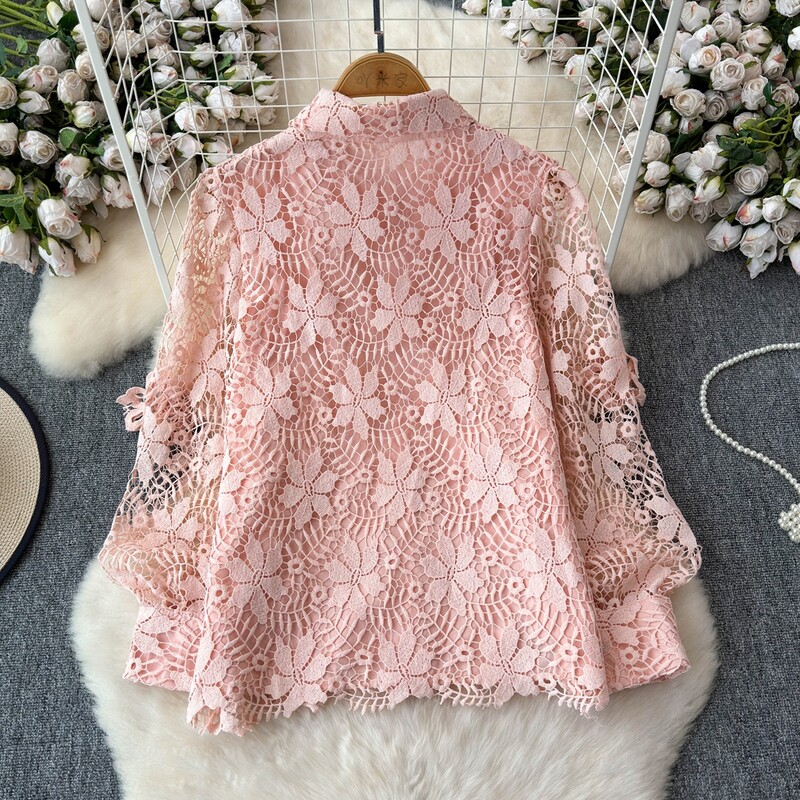 Francia blúz női horgolt, kivágott, virágos női felsők Mujer lehajtható gallér hosszú ujjú, egysoros blusas dropship