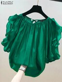 ZANZEA női hideg vállblúzok, divatos, fodros félujjú felsők 2024-es hátpántok, redős tunikák, nyári alkalmi bő ingek