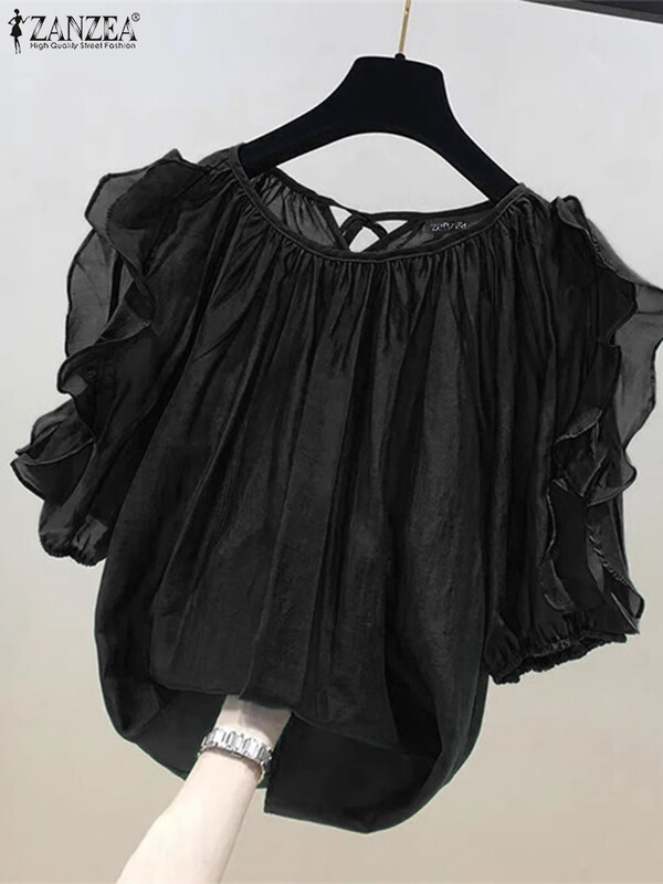 ZANZEA női hideg vállblúzok, divatos, fodros félujjú felsők 2024-es hátpántok, redős tunikák, nyári alkalmi bő ingek