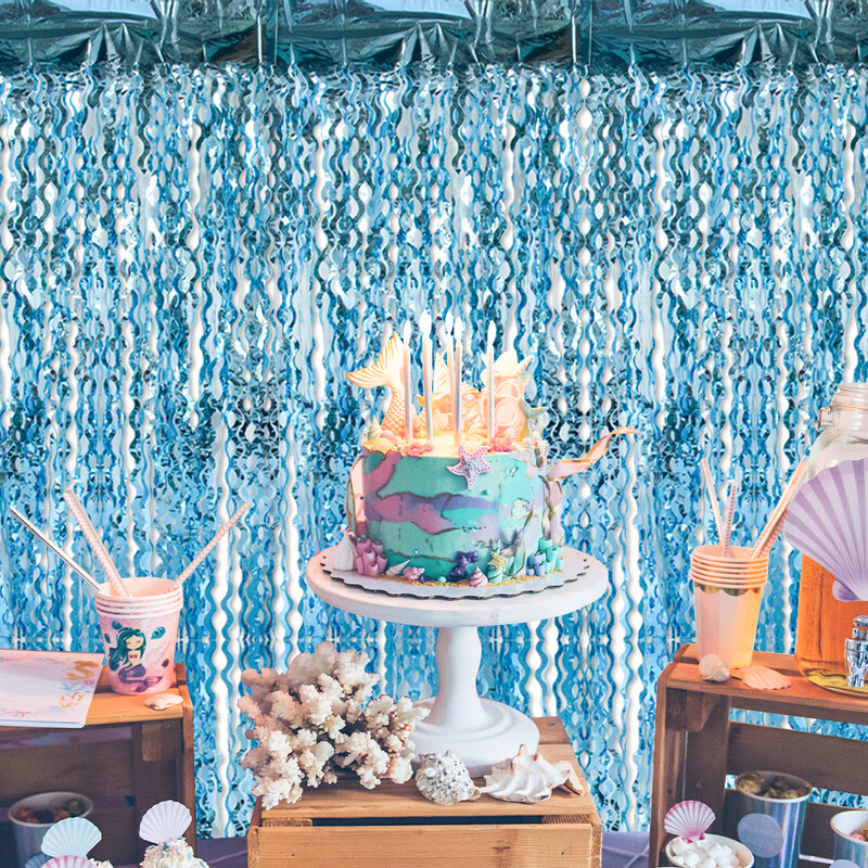 Világoskék csillogó talmi fólia rojtos függönyök fotófülke háttere sellő születésnapi fagyos tematikus zuhany esküvői parti dekorációjához