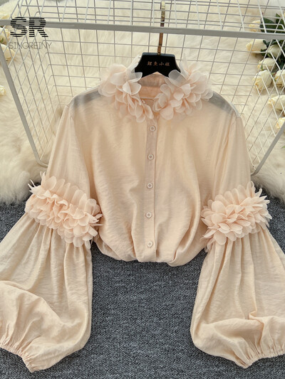 SINGREINY Senior elegáns bő blúz állógallér, hosszú, puffos ujjú áttetsző 2024 őszi, vintage, elegáns női alkalmi 3D virágos ing