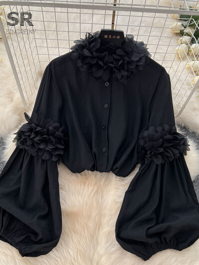 SINGREINY Senior elegáns bő blúz állógallér, hosszú, puffos ujjú áttetsző 2024 őszi, vintage, elegáns női alkalmi 3D virágos ing