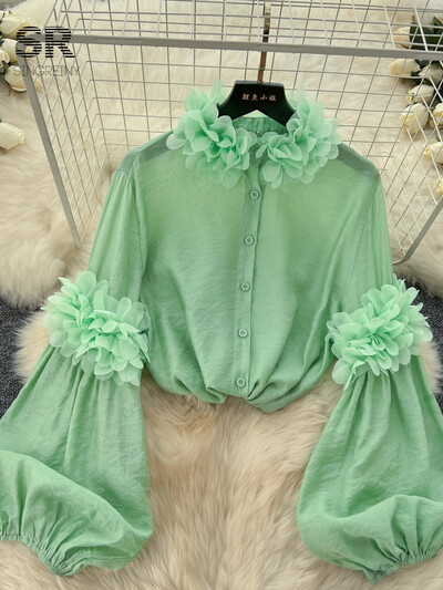 SINGREINY Senior elegáns bő blúz állógallér, hosszú, puffos ujjú áttetsző 2024 őszi, vintage, elegáns női alkalmi 3D virágos ing