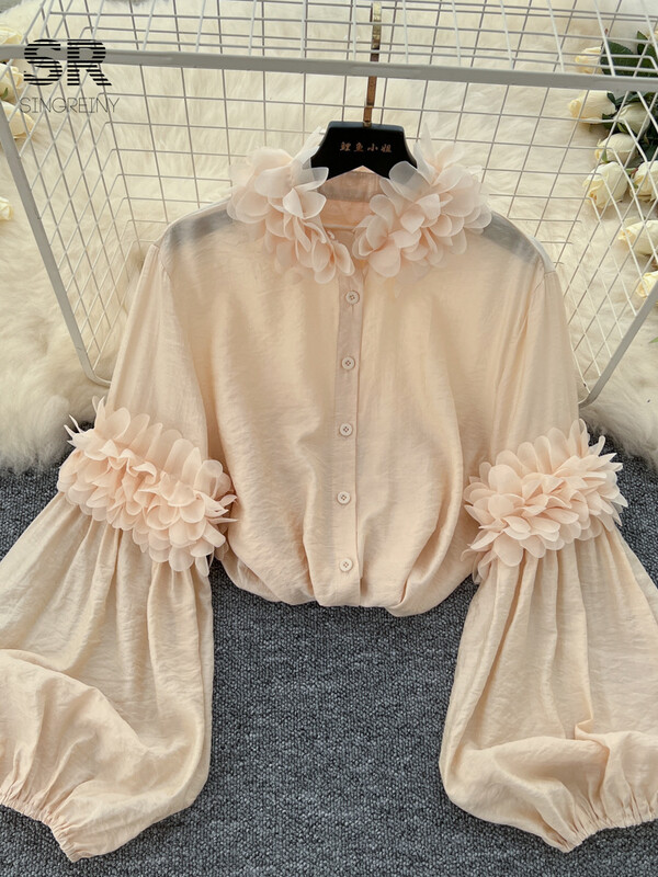 SINGREINY Senior elegáns bő blúz állógallér, hosszú, puffos ujjú áttetsző 2024 őszi, vintage, elegáns női alkalmi 3D virágos ing