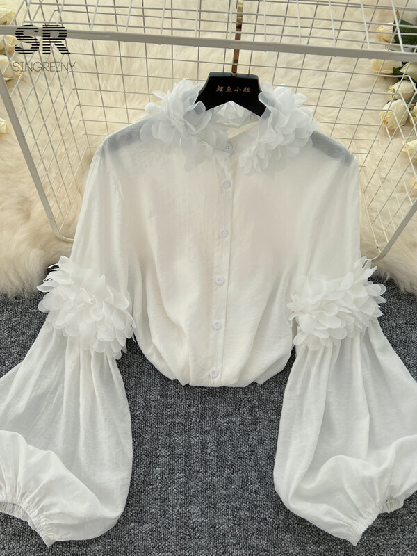 SINGREINY Senior elegáns bő blúz állógallér, hosszú, puffos ujjú áttetsző 2024 őszi, vintage, elegáns női alkalmi 3D virágos ing