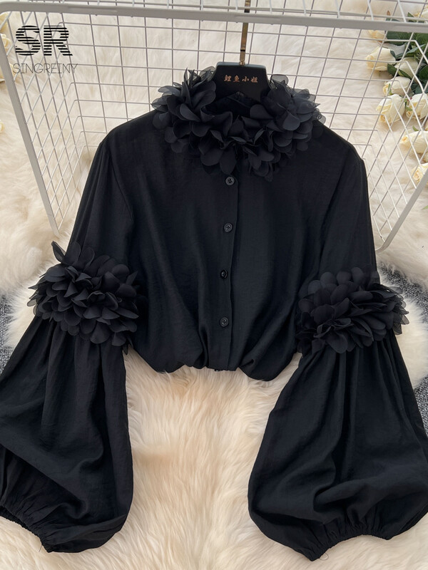 SINGREINY Senior elegáns bő blúz állógallér, hosszú, puffos ujjú áttetsző 2024 őszi, vintage, elegáns női alkalmi 3D virágos ing