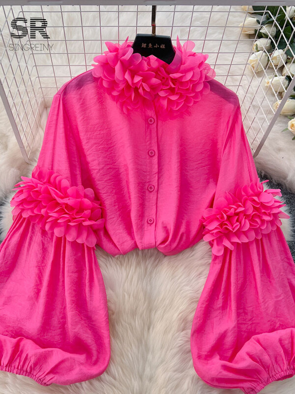 SINGREINY Senior elegáns bő blúz állógallér, hosszú, puffos ujjú áttetsző 2024 őszi, vintage, elegáns női alkalmi 3D virágos ing