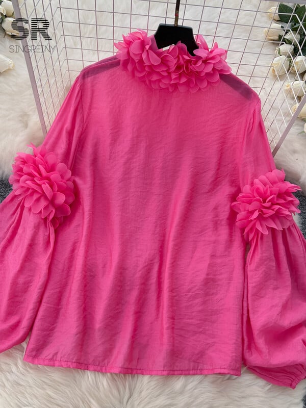 SINGREINY Senior elegáns bő blúz állógallér, hosszú, puffos ujjú áttetsző 2024 őszi, vintage, elegáns női alkalmi 3D virágos ing