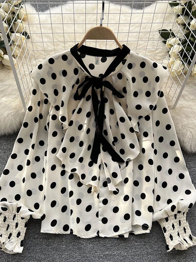 Tavaszi francia pöttyös blúz Design Sense fodros, karcsú, édes streamer, korcsökkentő sifon ing felsők női D0352