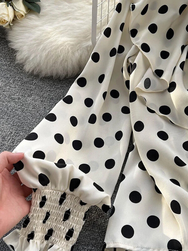 Tavaszi francia pöttyös blúz Design Sense fodros, karcsú, édes streamer, korcsökkentő sifon ing felsők női D0352