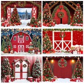Karácsonyi háttér karácsonyfa piros faajtós pajta ajándékok gyerekeknek otthon party fotózás háttér dekoráció