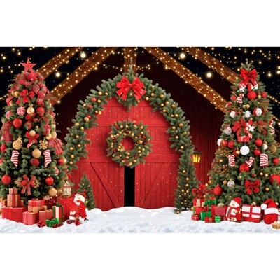 Karácsonyi háttér karácsonyfa piros faajtós pajta ajándékok gyerekeknek otthon party fotózás háttér dekoráció