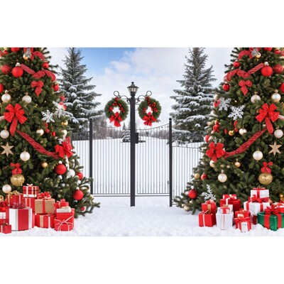 Karácsonyi háttér karácsonyfa piros faajtós pajta ajándékok gyerekeknek otthon party fotózás háttér dekoráció