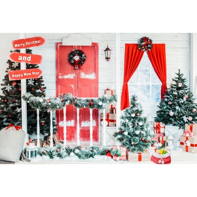 Karácsonyi háttér karácsonyfa piros faajtós pajta ajándékok gyerekeknek otthon party fotózás háttér dekoráció