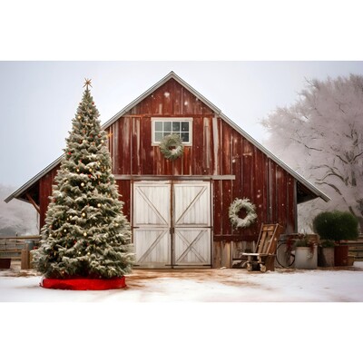 Karácsonyi háttér karácsonyfa piros faajtós pajta ajándékok gyerekeknek otthon party fotózás háttér dekoráció