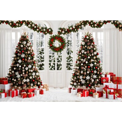 Karácsonyi háttér karácsonyfa piros faajtós pajta ajándékok gyerekeknek otthon party fotózás háttér dekoráció