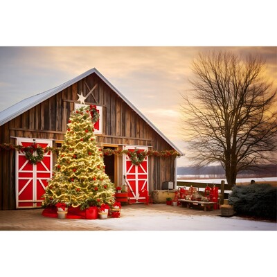 Karácsonyi háttér karácsonyfa piros faajtós pajta ajándékok gyerekeknek otthon party fotózás háttér dekoráció