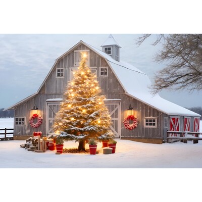 Karácsonyi háttér karácsonyfa piros faajtós pajta ajándékok gyerekeknek otthon party fotózás háttér dekoráció