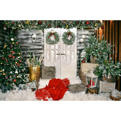 Karácsonyi háttér karácsonyfa piros faajtós pajta ajándékok gyerekeknek otthon party fotózás háttér dekoráció