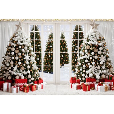 Karácsonyi háttér karácsonyfa piros faajtós pajta ajándékok gyerekeknek otthon party fotózás háttér dekoráció