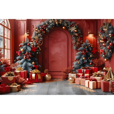 Karácsonyi háttér karácsonyfa piros faajtós pajta ajándékok gyerekeknek otthon party fotózás háttér dekoráció