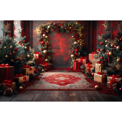Karácsonyi háttér karácsonyfa piros faajtós pajta ajándékok gyerekeknek otthon party fotózás háttér dekoráció