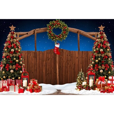Karácsonyi háttér karácsonyfa piros faajtós pajta ajándékok gyerekeknek otthon party fotózás háttér dekoráció
