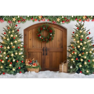 Karácsonyi háttér karácsonyfa piros faajtós pajta ajándékok gyerekeknek otthon party fotózás háttér dekoráció