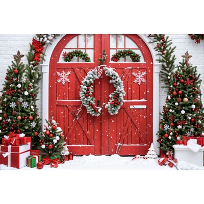 Karácsonyi háttér karácsonyfa piros faajtós pajta ajándékok gyerekeknek otthon party fotózás háttér dekoráció