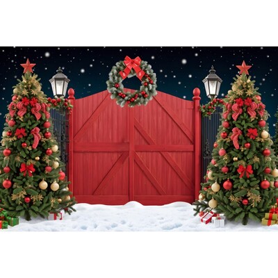 Karácsonyi háttér karácsonyfa piros faajtós pajta ajándékok gyerekeknek otthon party fotózás háttér dekoráció