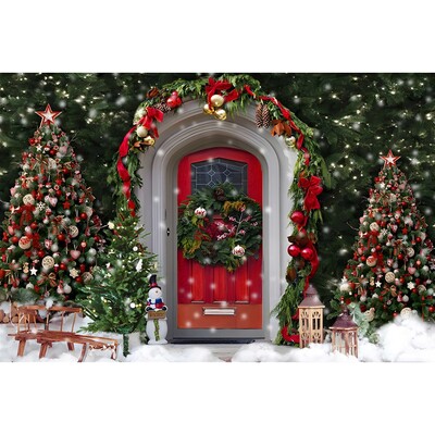 Karácsonyi háttér karácsonyfa piros faajtós pajta ajándékok gyerekeknek otthon party fotózás háttér dekoráció