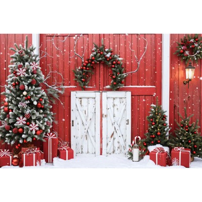 Karácsonyi háttér karácsonyfa piros faajtós pajta ajándékok gyerekeknek otthon party fotózás háttér dekoráció