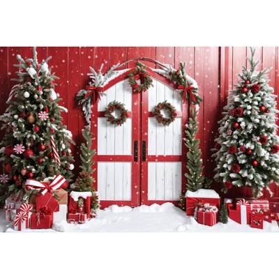 Karácsonyi háttér karácsonyfa piros faajtós pajta ajándékok gyerekeknek otthon party fotózás háttér dekoráció