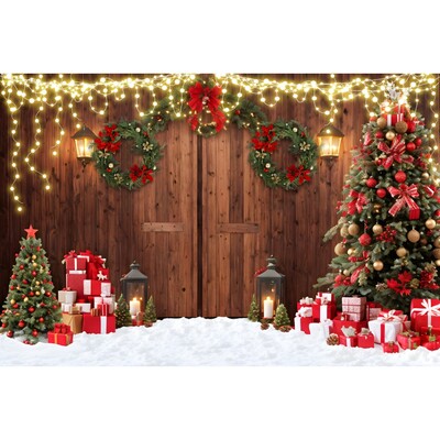 Karácsonyi háttér karácsonyfa piros faajtós pajta ajándékok gyerekeknek otthon party fotózás háttér dekoráció