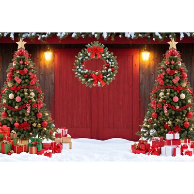 Karácsonyi háttér karácsonyfa piros faajtós pajta ajándékok gyerekeknek otthon party fotózás háttér dekoráció