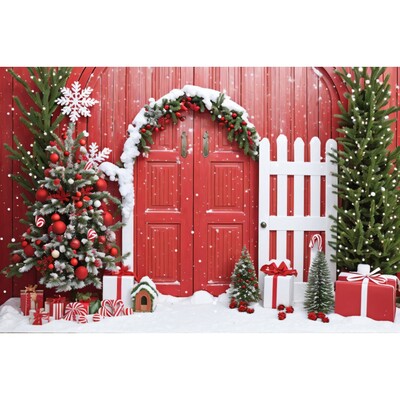 Karácsonyi háttér karácsonyfa piros faajtós pajta ajándékok gyerekeknek otthon party fotózás háttér dekoráció