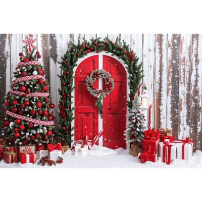 Karácsonyi háttér karácsonyfa piros faajtós pajta ajándékok gyerekeknek otthon party fotózás háttér dekoráció