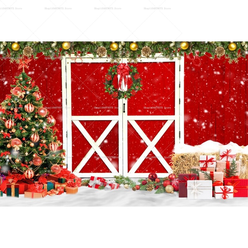 Karácsonyi háttér karácsonyfa piros faajtós pajta ajándékok gyerekeknek otthon party fotózás háttér dekoráció
