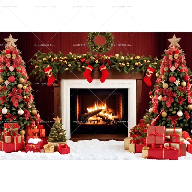 Karácsonyi háttér karácsonyfa piros faajtós pajta ajándékok gyerekeknek otthon party fotózás háttér dekoráció