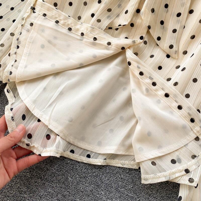 Bézs pöttyös masni nyakú elegáns sifon hosszú ujjú bő női blúz póló Koreai divatos női ruházat felsők 2024 tavasz