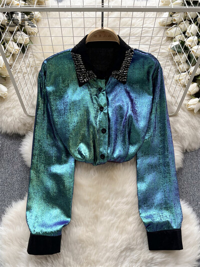 SINGREINY Shine Diamonds alkalmi ing, női hajtóka, hosszú ujjú tavaszi őszi divat hölgyeknek Luxus utcai viselet hajtókás blúz