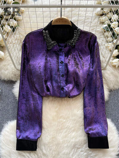 SINGREINY Shine Diamonds alkalmi ing, női hajtóka, hosszú ujjú tavaszi őszi divat hölgyeknek Luxus utcai viselet hajtókás blúz