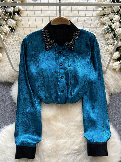 SINGREINY Shine Diamonds alkalmi ing, női hajtóka, hosszú ujjú tavaszi őszi divat hölgyeknek Luxus utcai viselet hajtókás blúz