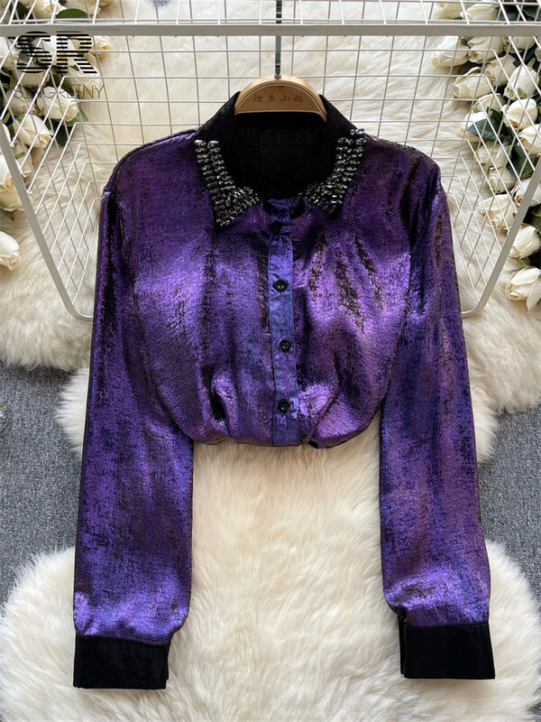 SINGREINY Shine Diamonds alkalmi ing, női hajtóka, hosszú ujjú tavaszi őszi divat hölgyeknek Luxus utcai viselet hajtókás blúz