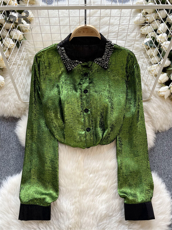 SINGREINY Shine Diamonds alkalmi ing, női hajtóka, hosszú ujjú tavaszi őszi divat hölgyeknek Luxus utcai viselet hajtókás blúz